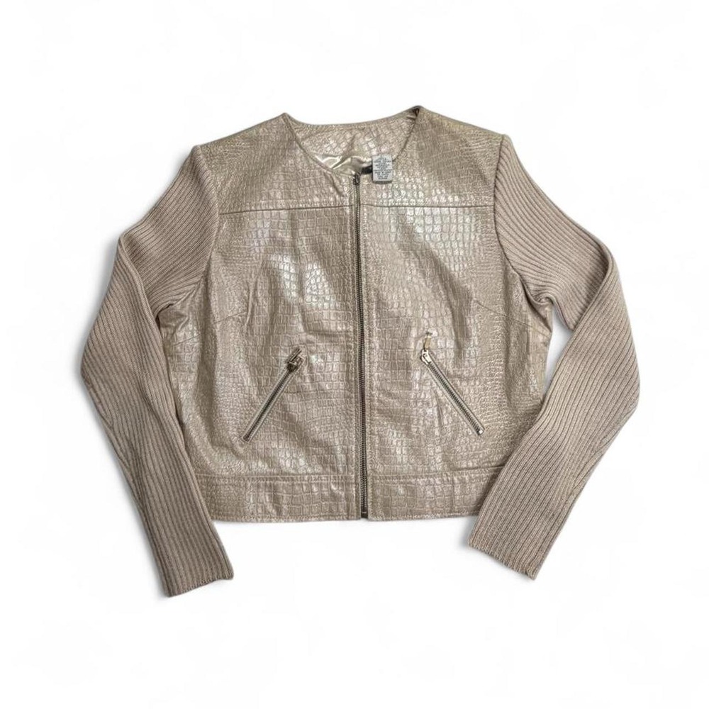 Mob Wife Aesthetic Genuine Leather Beige Croc Embossed Ribbed Knit Sleeve Jacket